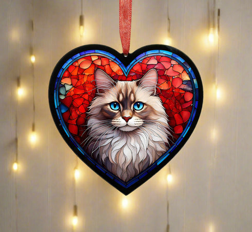 Ragdoll Cat Stained Glass Effect Heart Suncatcher